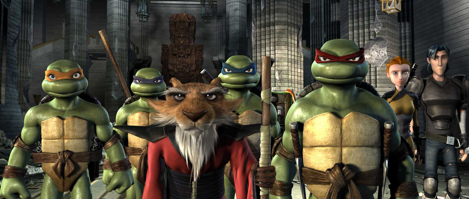 (L-r) Michelangelo, Donatello, Splinter, Leonardo, Raphael, April ONeil and Casey Jones in Warner Bros. Pictures and The Weinstein Companys TMNT, distributed by Warner Bros. Pictures.
PHOTOGRAPHS TO BE USED SOLELY FOR ADVERTISING, PROMOTION, PUBLICITY OR REVIEWS OF THIS SPECIFIC MOTION PICTURE AND TO REMAIN THE PROPERTY OF THE STUDIO. NOT FOR SALE OR REDISTRIBUTION